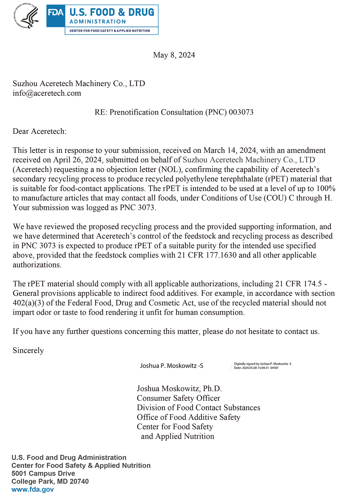 FDA Food Grade No Objection Letter (NOL) for Aceretech Bottle to Bottle Pelletizing Recycling SSP System